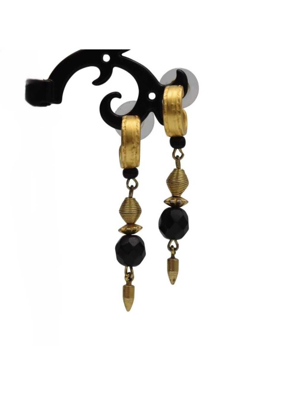 Gold Black Beaded Dangle Earrings Faceted Drop Statement Boho Jewelry